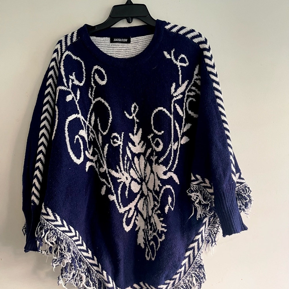 Fushi Navy Blue Knit Poncho Sweater with Fringe Hem